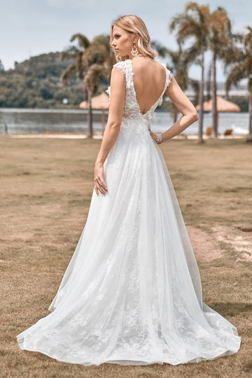 Sparkly Tulle Beaded Ivory Long A Line brudekjole